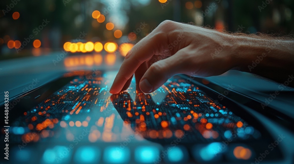 Futuristic Interface Hand Interacting with Glowing Digital Data Display at Night