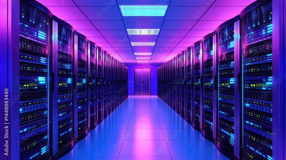 Fototapeta premium Purple-lit data center with symmetry and tech glow, perfect for futuristic systems, AI networks, or cloud visualization content