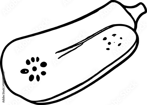 Simple Black And White Line Drawing Of A Sliced Zucchini Showing Its Seeds On White Background