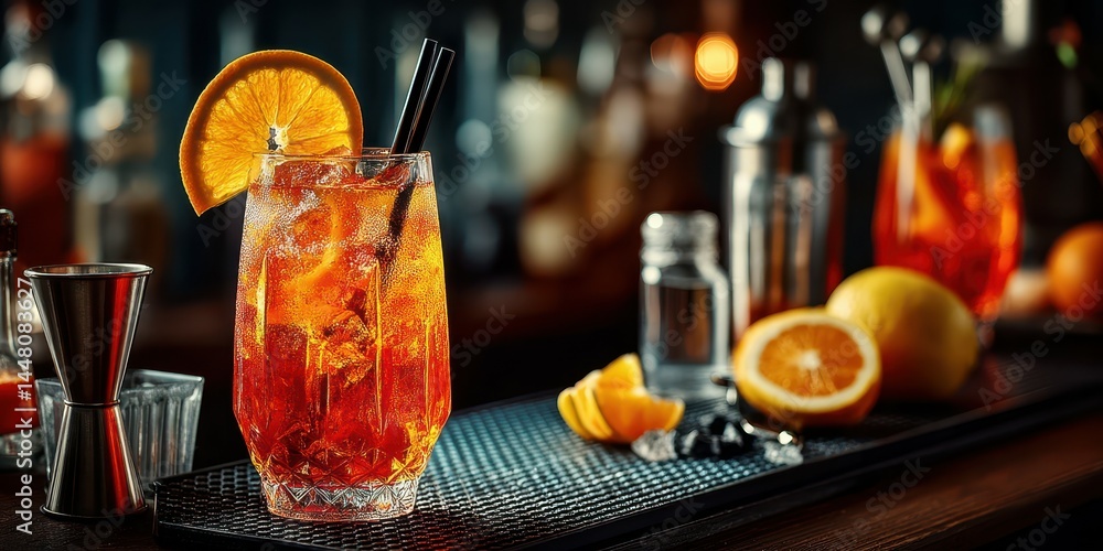 Refreshing cocktail with orange garnish on a stylish bar countertop during evening hours Refreshing cocktail with orange garnish on a stylish bar countertop during evening hours