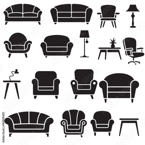 set of black vector various style furniture silhouettes