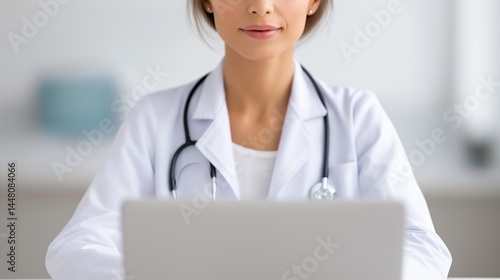 Obraz na płótnie Healthcare professional uses laptop to review patient information in a modern clinic setting. w salonie