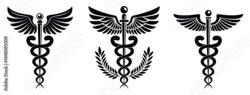 Caduceus Medical Symbol Set – Black Silhouettes of Healthcare and Pharmacy Emblems