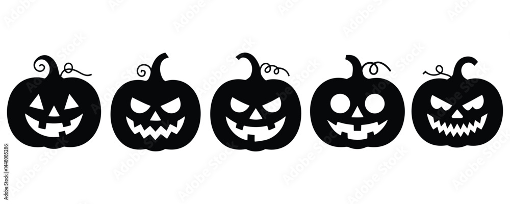 Halloween Pumpkin Silhouette Set with Spooky Jack-o'-Lantern Faces Isolated on White Background. Halloween Pumpkin Silhouette Set with Spooky Jack-o'-Lantern Faces Isolated on White Background.