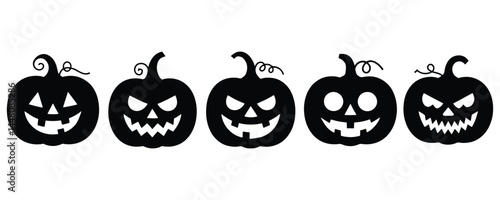 Halloween Pumpkin Silhouette Set with Spooky Jack-o'-Lantern Faces Isolated on White Background.