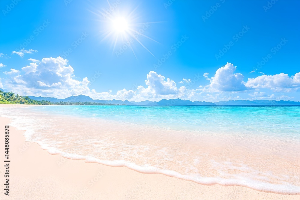 Fototapeta premium Idyllic beach scene; bright sun, turquoise water, soft sand, gentle waves, and distant mountains under a vibrant blue sky