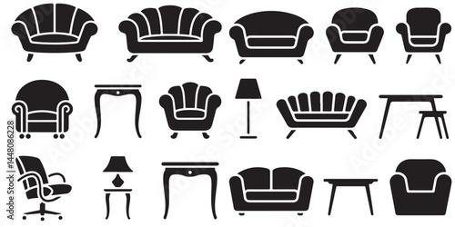 set of black vector various style furniture silhouettes