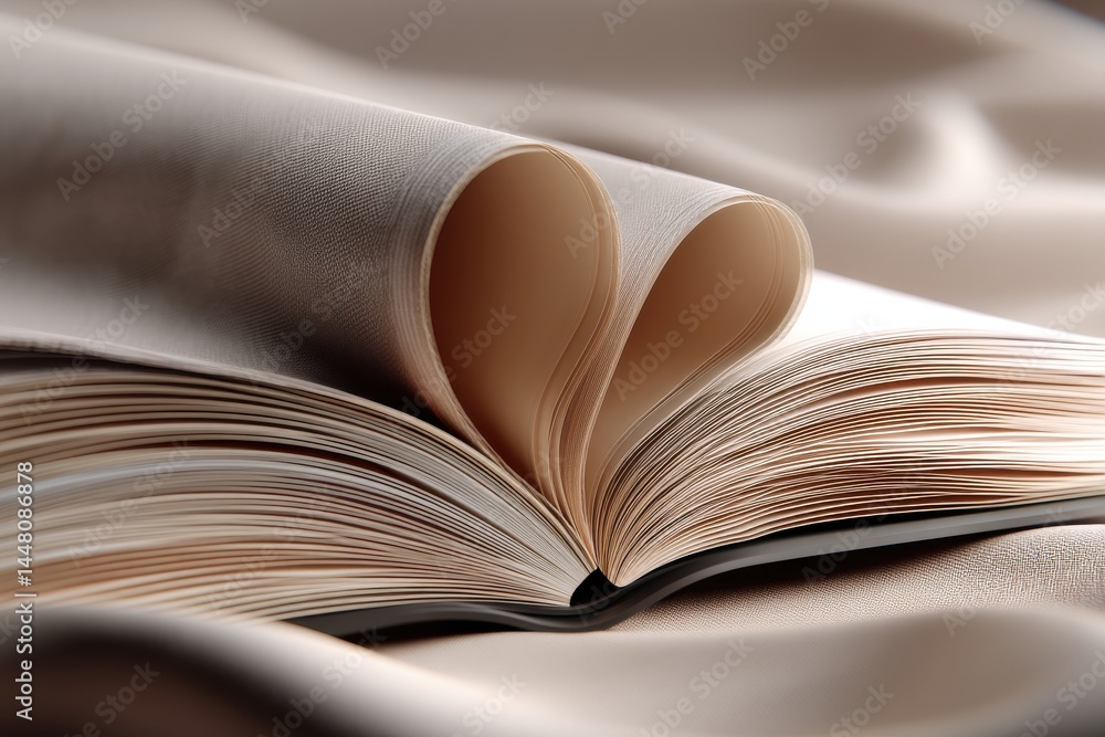 Fototapeta premium An open book with pages shaped into a heart, resting on a soft fabric background, symbolizing love for reading, knowledge, and romantic stories and thoughtful gestures.