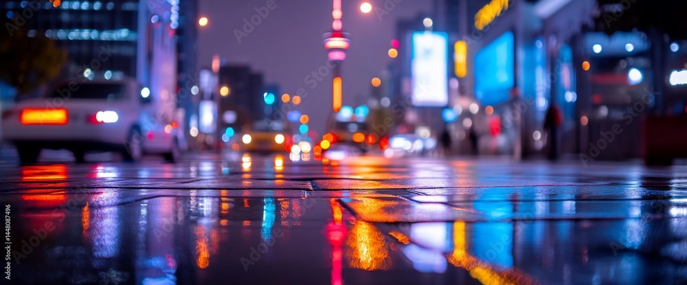 Urban nightscape reflecting city lights on a wet street after rainfall Urban nightscape reflecting city lights on a wet street after rainfall