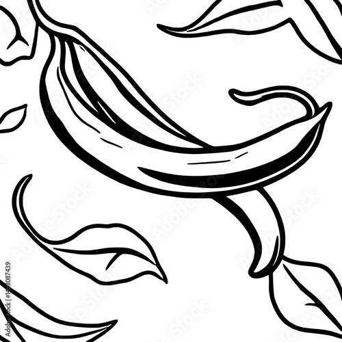 Graphic Botanical Pattern Featuring Stylized Banana Fruit And Simple Leaf Outlines With Bold Black Lines