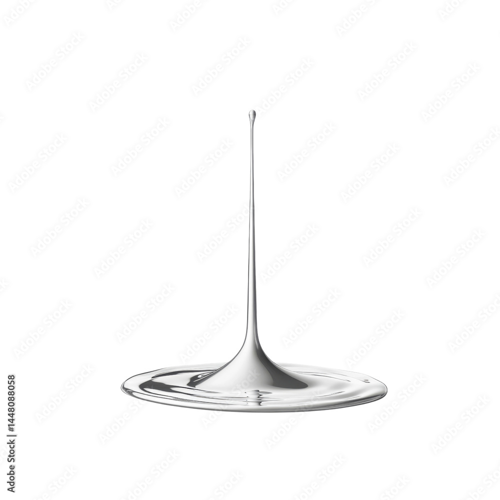 Liquid Metal Drop Falling and Creating a Ripple Effect on White Background Liquid Metal Drop Falling and Creating a Ripple Effect on White Background