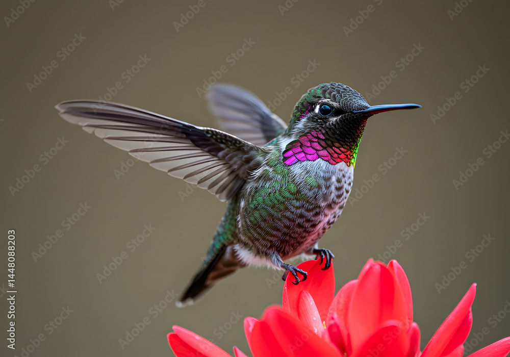 Fototapeta premium Close-up of a Hummingbird Perched on a Red Flower, Wings Spread, Wildlife, Nature Photography.