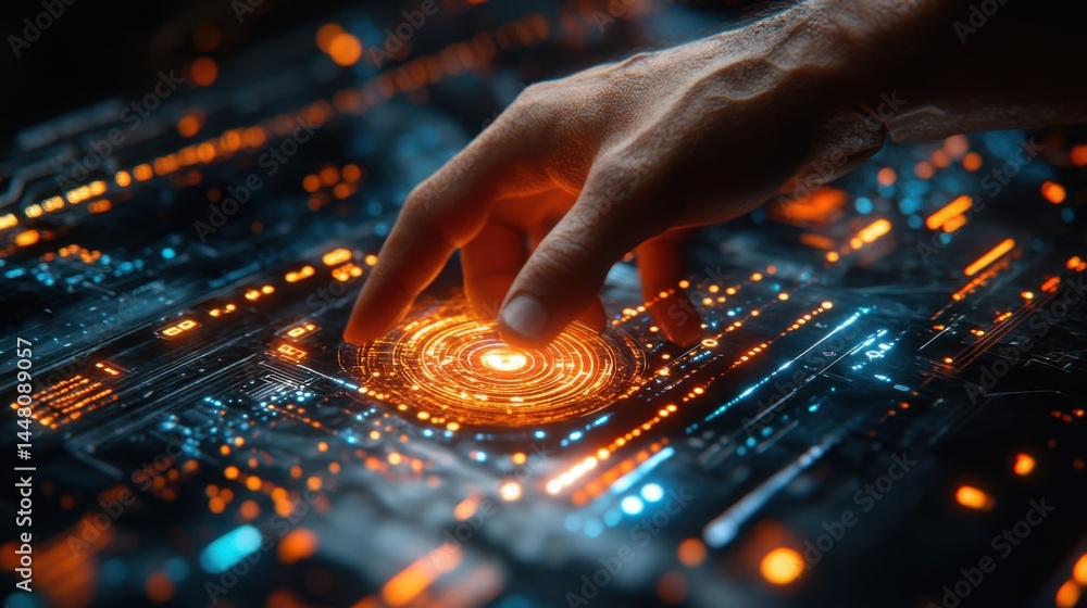 Futuristic Technology Interface Hand Interacting with Glowing Circuitry