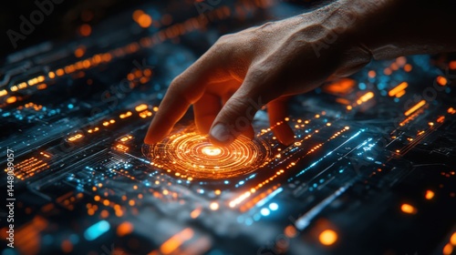 Obraz na płótnie Futuristic Technology Interface Hand Interacting with Glowing Circuitry w salonie