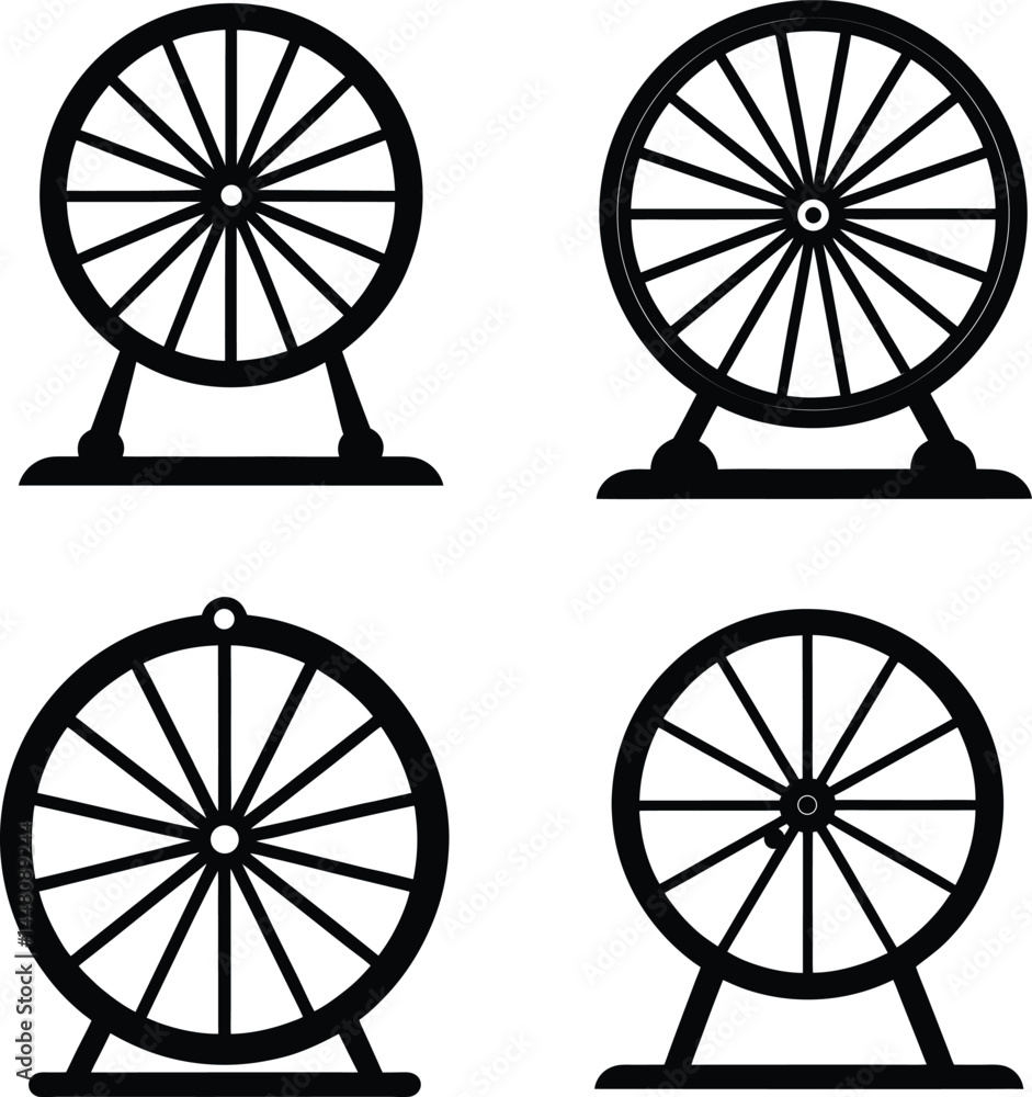 Fototapeta premium Spinning water wheel silhouette vector set illustration