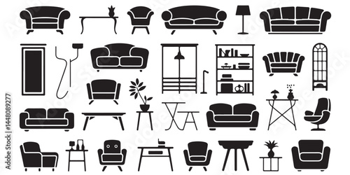 set of black vector various style furniture silhouettes
