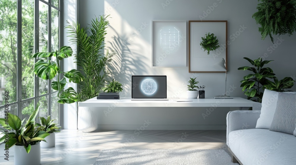 Modern Minimalist Home Office Workspace with Laptop Plants and Natural Light