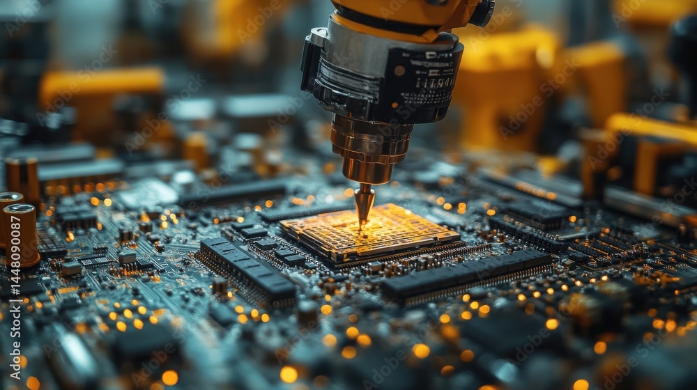 Automated Chip Manufacturing Robotic Arm Precision Assembling Microchip on Circuit Board