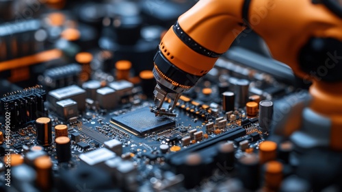 Obraz na płótnie Robotic Arm Precision Assembling Electronic Circuit Board Components w salonie