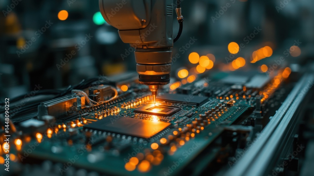 Automated Robotic Arm Precision Soldering on Circuit Board Electronic Manufacturing Process