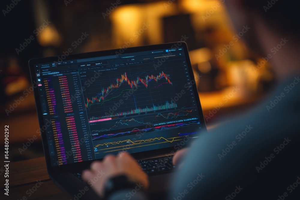 Person analyzing stock market data on a laptop screen with charts and graphs, focusing on investment strategy and financial performance evaluation. Person analyzing stock market data on a laptop screen with charts and graphs, focusing on investment strategy and financial performance evaluation.