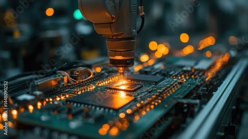 Obraz na płótnie Automated Robotic Arm Precision Soldering on Circuit Board Electronic Manufacturing Process w salonie