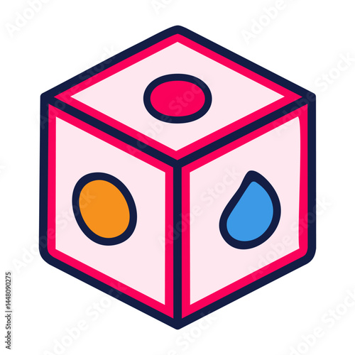 3D Dice icon with abstract symbols vector. Outline 3D cube block dices  in blue and red colours sign.