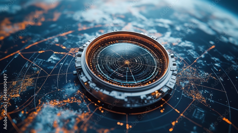 Futuristic Navigation Device on Global Network Map Technology Concept