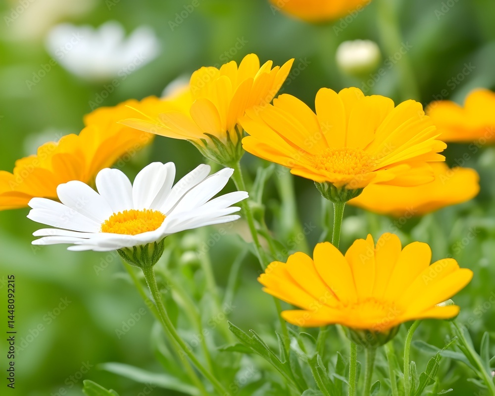 Vibrant yellow and white daisies in a lush green garden Vibrant yellow and white daisies in a lush green garden