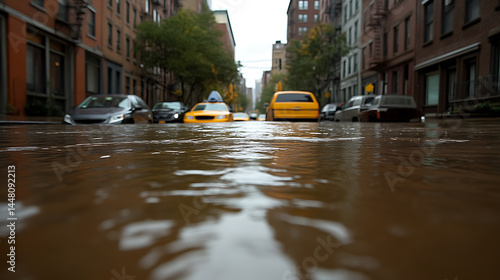 Fototapeta Naklejka Na Ścianę i Meble -  Flooded Street: Cars submerged on a city street. Houses line the street, and the water reflects the sky. Disaster strikes urban landscape.