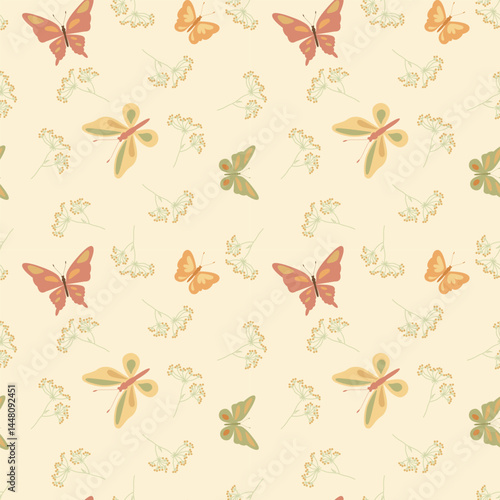 Boho Seamless Pattern with Butterflies and Leaves in Soft Earth Tones. Vector hand-drawn pattern in a boho color palette. Ideal for textiles, nursery decor, wallpaper,seasonal summer,spring projects.