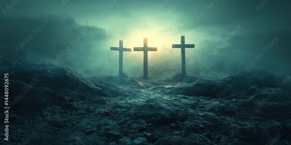 Naklejka premium Crosses illuminated in a misty landscape at dawn, symbolizing reflection and remembrance