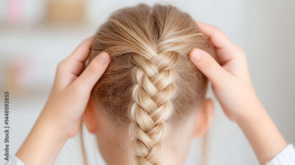 Naklejka premium Close-up shot showcasing a beautifully styled blonde braid hairstyle, captured from the back for a clear view of the intricate design and overall elegance.