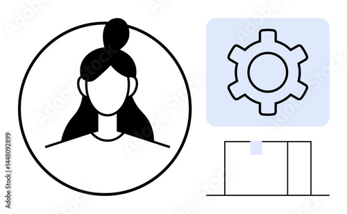 Female avatar in circular frame beside gear icon over digital interface. Ideal for identity, user settings, personalization, profile management, web applications, technology, and simple landing page