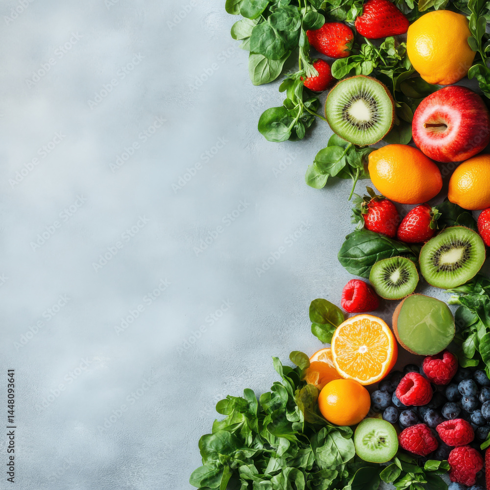 Fresh fruits and greens arranged on light background Fresh fruits and greens arranged on light background