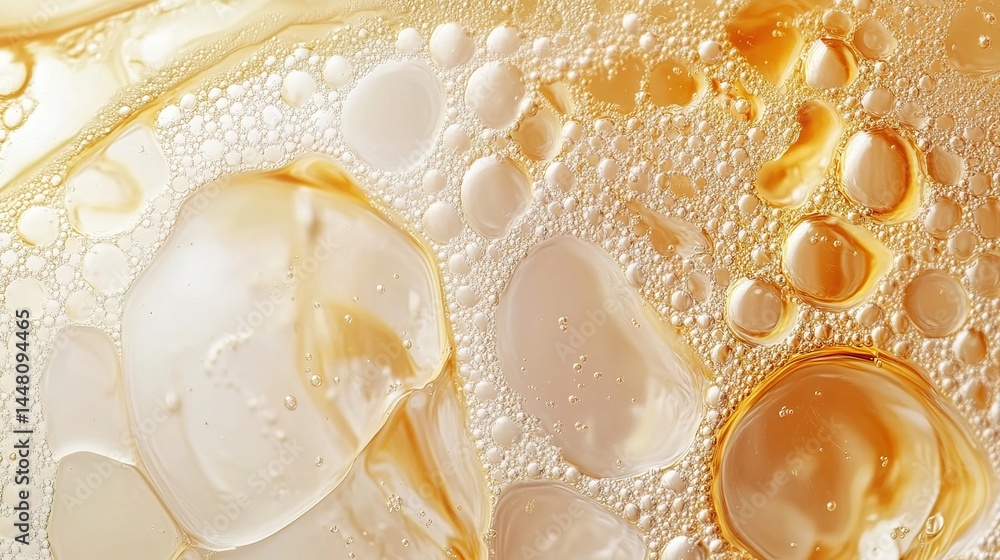 Fototapeta premium Golden liquid with transparent bubbles on soft background.