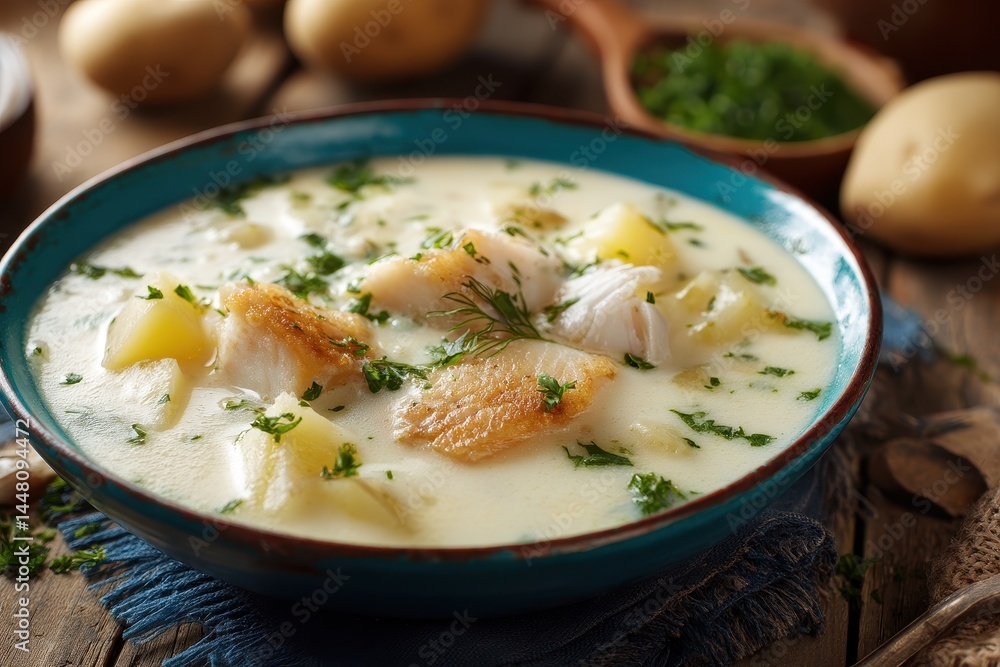 Cullen Skink is a Scottish soup featuring smoked haddock cream potatoes and onions served in a bowl on a wooden table Cullen Skink is a Scottish soup featuring smoked haddock cream potatoes and onions served in a bowl on a wooden table