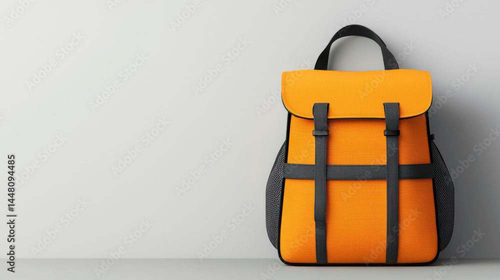 Fototapeta premium Bright orange backpack with gray straps on neutral background