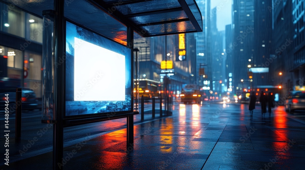 A glowing bus stop ad on a rainy city street at night, with reflections and blurred lights creating a vibrant urban atmosphere. A glowing bus stop ad on a rainy city street at night, with reflections and blurred lights creating a vibrant urban atmosphere.
