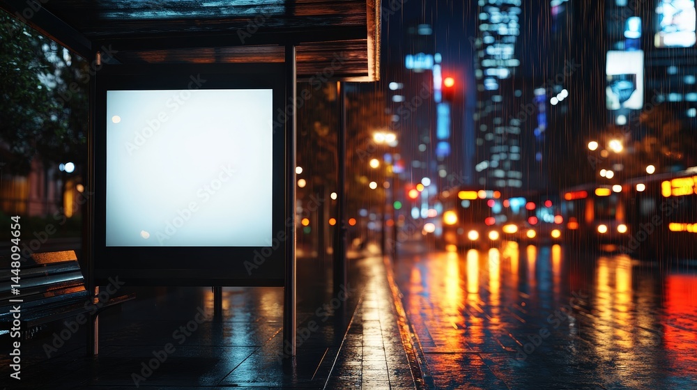 A city bus stop at night, illuminated by streetlights and surrounded by wet pavement reflecting colorful urban lights. A city bus stop at night, illuminated by streetlights and surrounded by wet pavement reflecting colorful urban lights.
