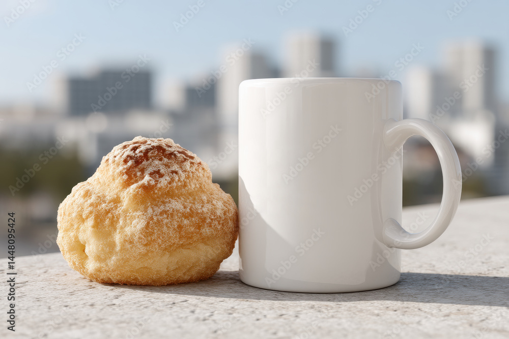 A delightful cream puff dusted with powdered sugar served alongside a white mug, set against a blurred cityscape backdrop on a sunny day, creating a sweet and simple still life. A delightful cream puff dusted with powdered sugar served alongside a white mug, set against a blurred cityscape backdrop on a sunny day, creating a sweet and simple still life.