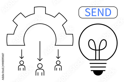 Gear transferring ideas to three people, represented by arrows, with light bulb signifying creativity. Ideal for innovation, teamwork, efficiency, leadership, communication, idea sharing
