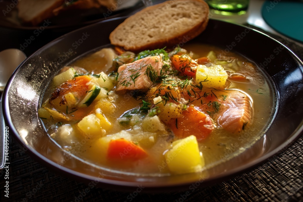 Fish soup with smoked haddock cod salmon and vegetables