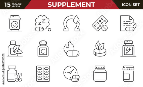 Dietary supplement and food additive line icon set. Vitamin, capsule, pill, antioxidant, omega, probiotic, fiber, protein. Natural, herbal, dry, energy supplement.Outline icon.Pictogram,infographic.