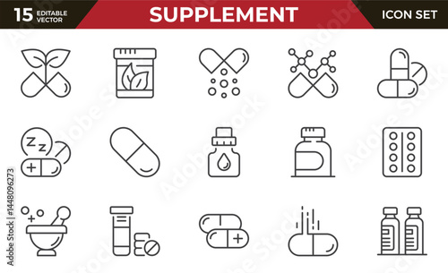 Dietary supplement and food additive line icon set. Vitamin, capsule, pill, antioxidant, omega, probiotic, fiber, protein. Natural, herbal, dry, energy supplement.Outline icon.Pictogram,infographic.
