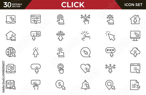 Click outline icon set. Cursor, finger, hand, mouse, pointer and more. Outline vector icon in linear style. Conceptual pictogram collection.