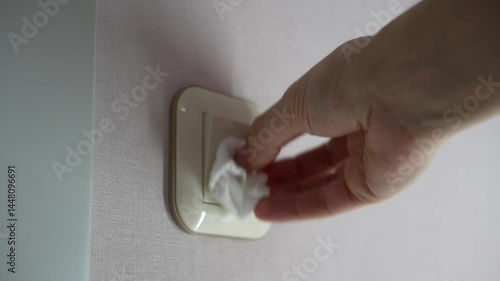 A man's hand is busily wiping the light switch on the wall with a damp cloth
