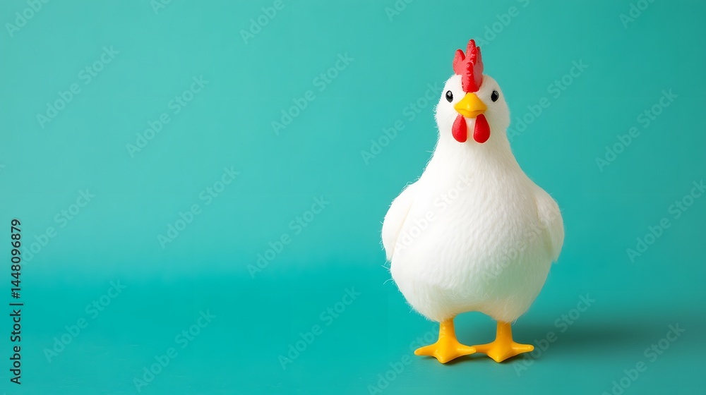 Playful white chicken toy figure in a quirky pose Playful white chicken toy figure in a quirky pose