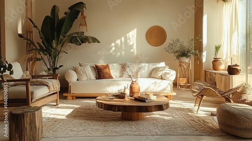A cozy living room with a white sofa, wooden furniture, potted plants, and natural light.
