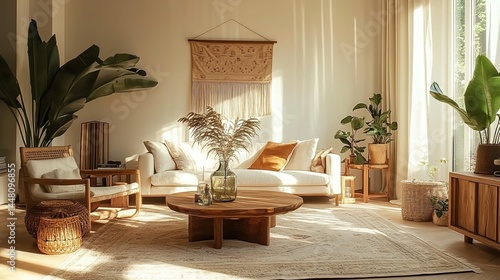A cozy living room with a white sofa, wooden furniture, potted plants, and natural light.
